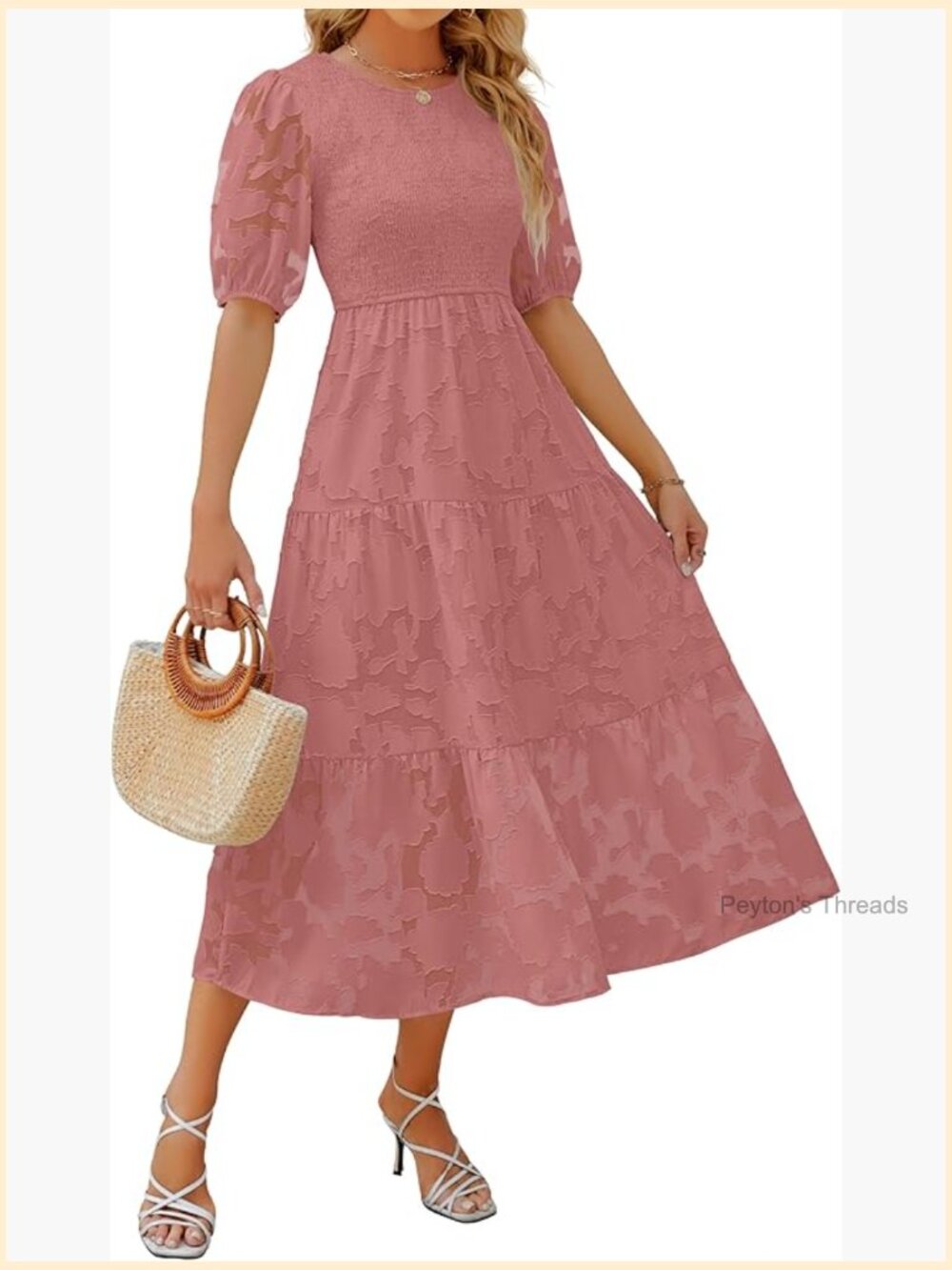 Short Puff Sleeve Crewneck Smocked Floral Lace Flowy A Line Tiered Maxi Dress